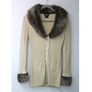 Y2K Cream It's Our Time Ribbed Knit Faux Fur Trimmed Long Button Up Cardigan M